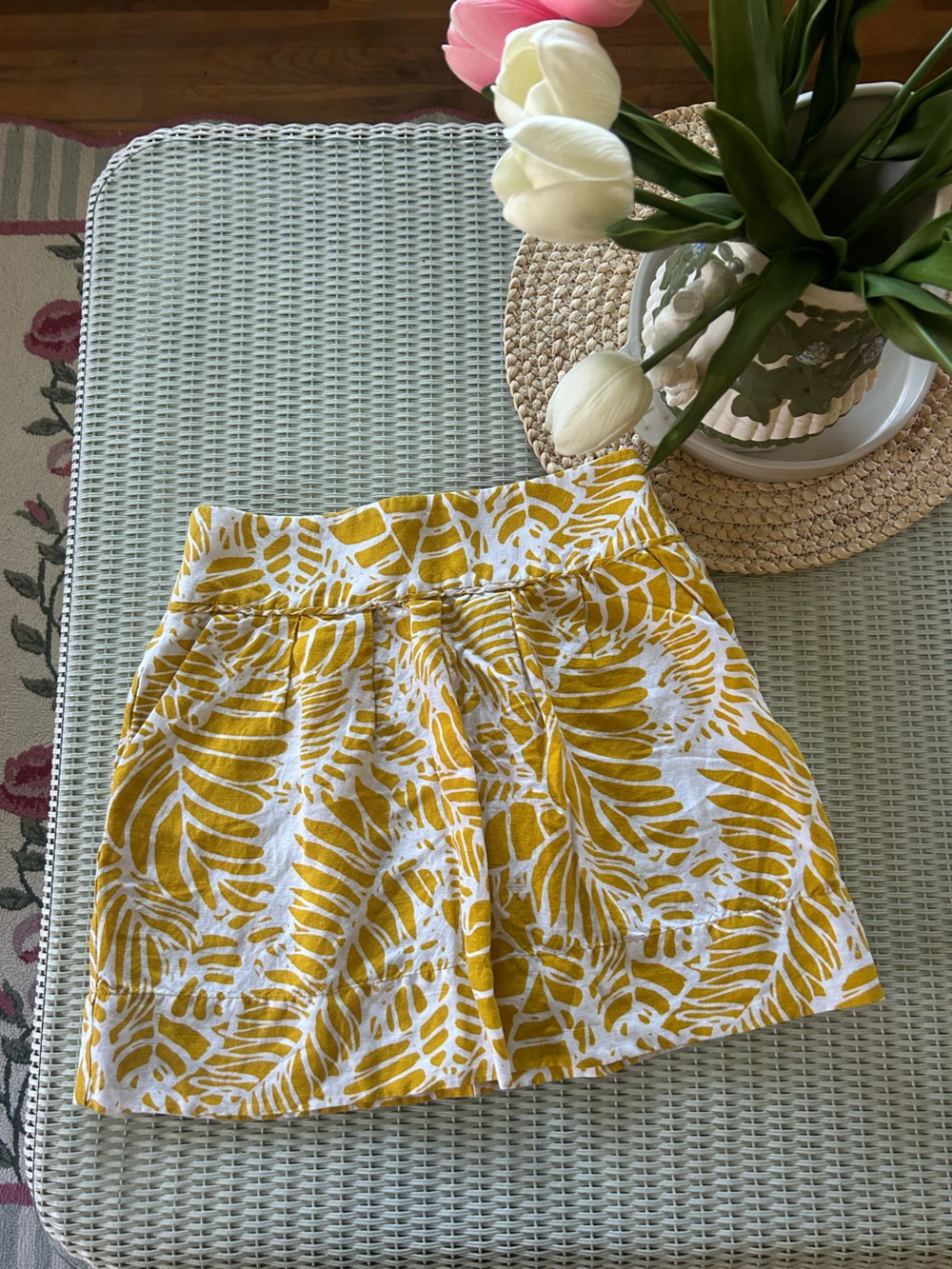 LOFT White and Yellow Tropical Print Linen Skirt
